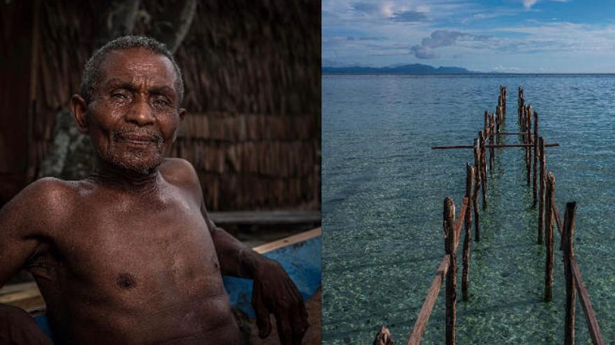 Antonius sueña con que alguno de sus hijos coja el testigo de la tradición familiar en la carpintería marítima, estructuras como el puente que aún está por construir.
 Un niño pesca, con un nailon enrollado a una botella de plástico y un anzuelo, durante un espectacular atardecer tormentoso en la minúscula isla de Arborek, Papua Occidental, Indonesia.