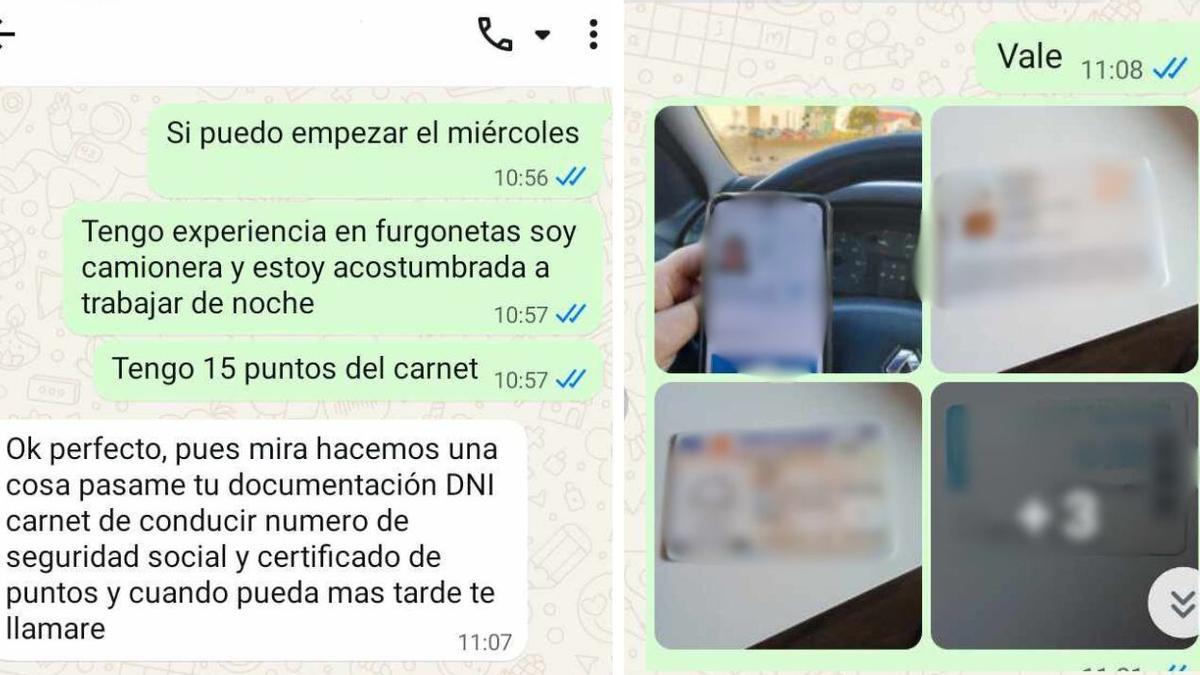 Conversación de Whatsapp entre la demandante de empleo a la que quisieron estafar y el presunto ciberdelincuente.