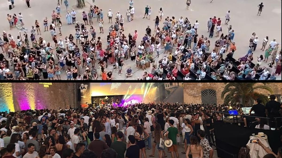 Arriba de la imagen, las pocas personas que pudieron acceder a ses Voltes; abajo, el multitudinario concierto celebrado este miércoles.