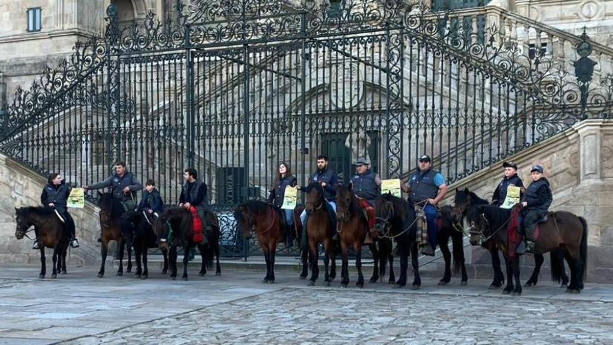 A expedición, á súa chegada ao Obradoiro tras completar un tramo do Camiño de Santiago
