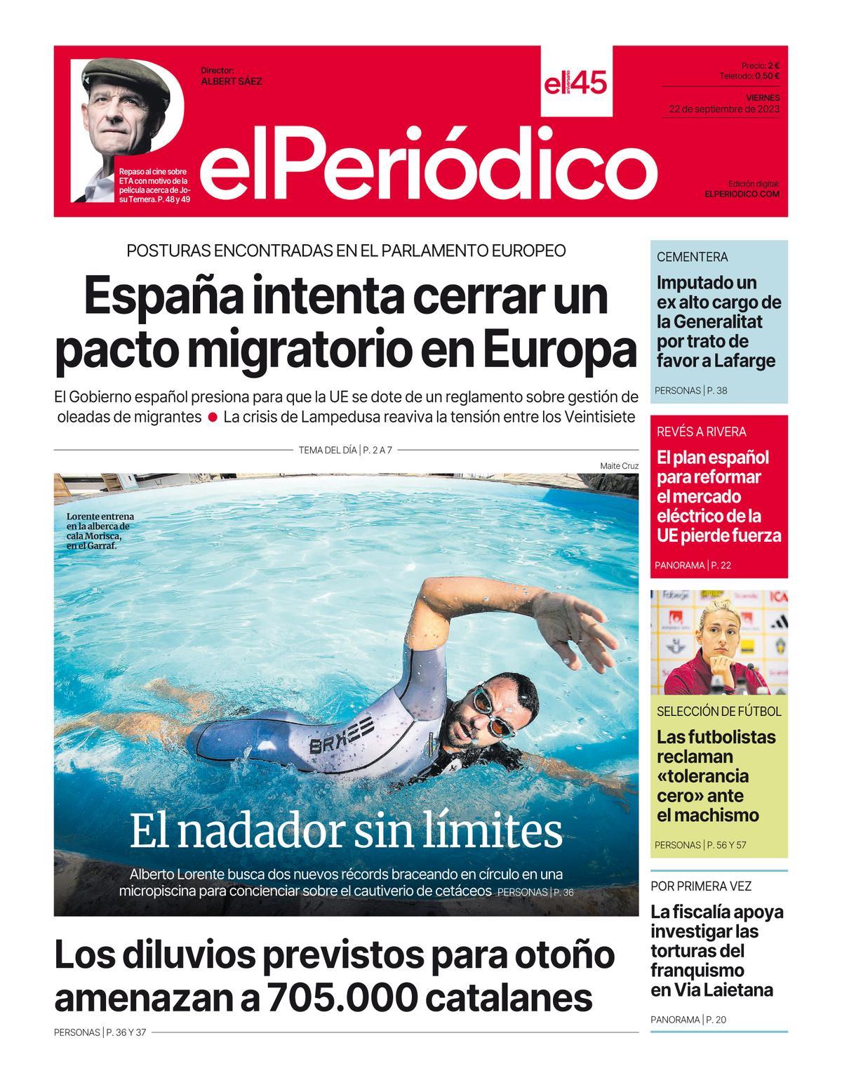 La portada de EL PERIÓDICO del 22 de septiembre de 2023 La portada de EL PERIÓDICO del 22 de septiembre de 2023