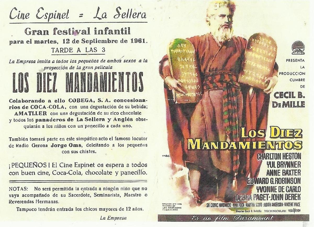 Programa de mà del cinema Espinet de la Cellera amb l'estrena d'Els 10 manaments el 1961