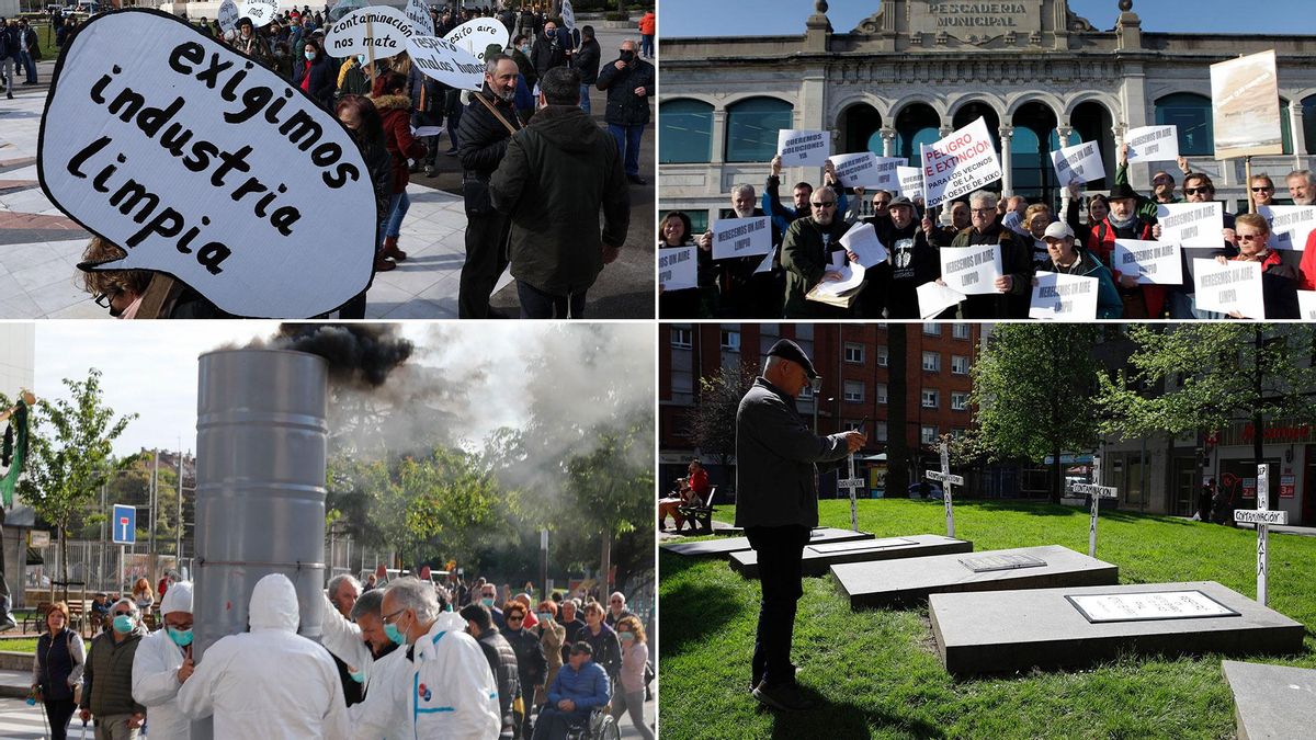Movilizaciones, recogidas de firmas y acciones a pie de calle, desde la recreación de una chimenea humeante a colocar lápidas por los efectos de la contaminación en la zona oeste de la ciudad (a la izquierda y abajo), llevadas a cabo por la plataforma en los últimos diez años.