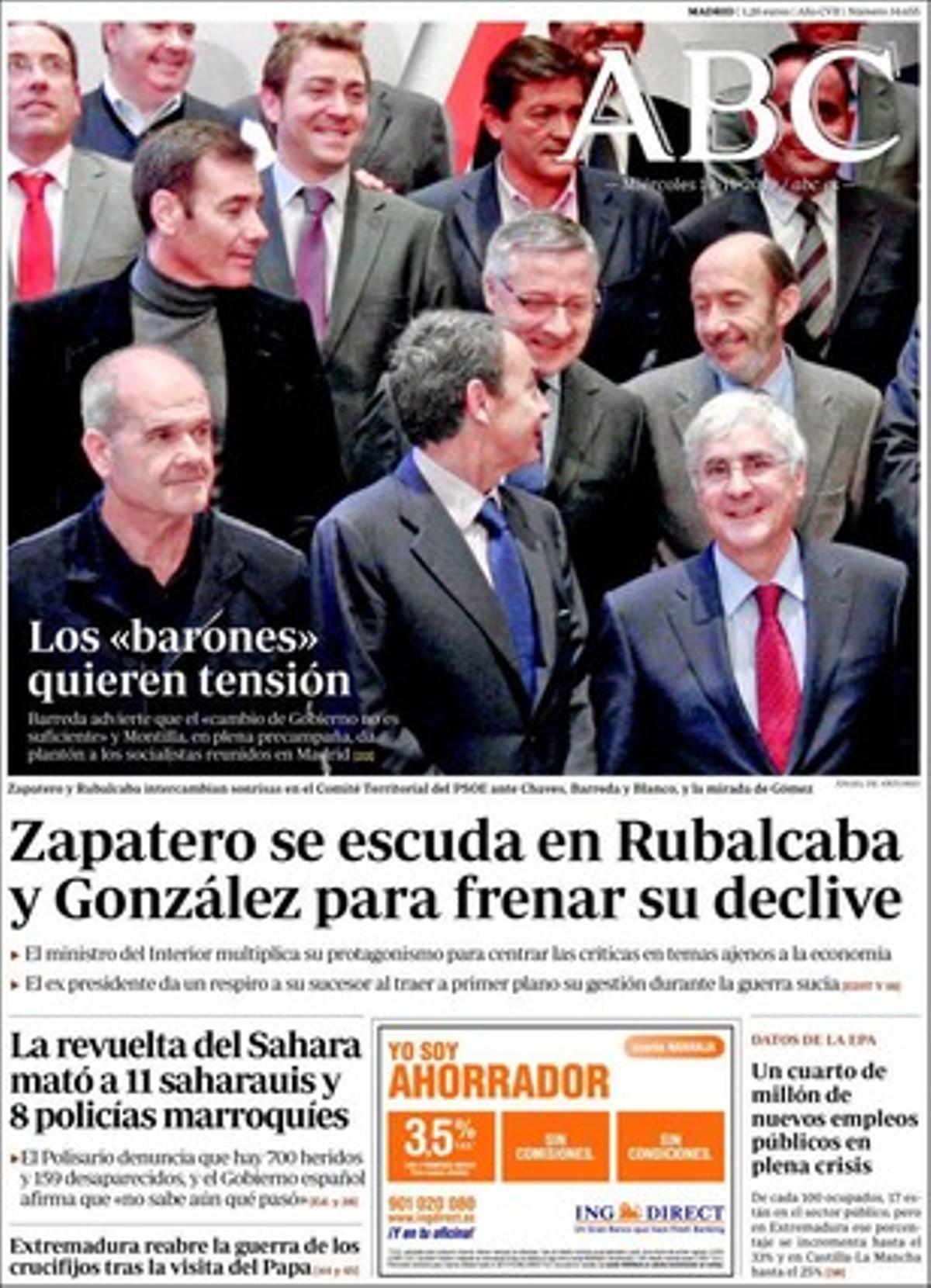 ’Abc’ realça a dins que el sector públic espanyol ignora la crisi i crea els últims tres anys 244.000 nous llocs de treball, de manera que --juntament amb la destrucció de llocs de treball en el sector privat-- ja hi ha gairebé tants funcionaris com empleats en la indústrria i l’agricultura junts. També que Josep-Lluís Carod-Rovira fa la cort ara als exmaragallistes del PSC que encapçala Ferran Mascarell.