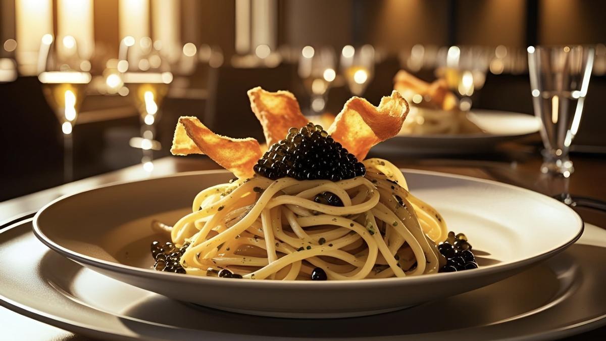 Un plato de pasta con una especie de torreznos y caviar, dos de los ingredientes de moda, según la IA.