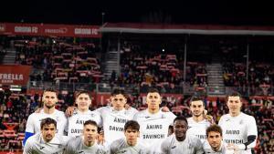 Los jugadores del Getafe en la previa del partido ante el Girona