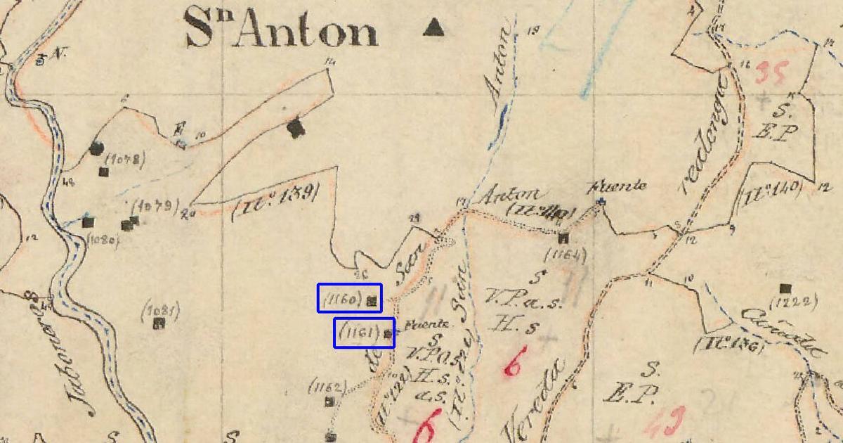 Primer plano de la zona del Monte San Antón, de comienzos del XIX, con la casa y la fuente, enmarcadas en azul.