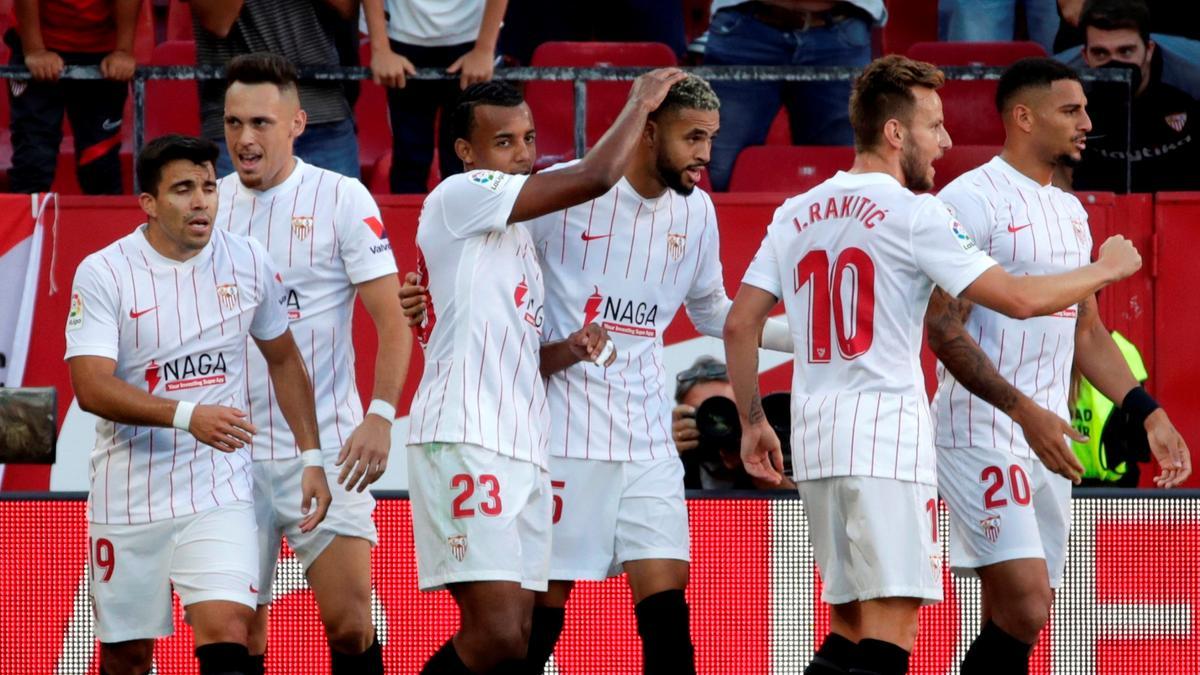 Jugadores del Sevilla FC celebra un gol ante el Espanyol esta temporada.