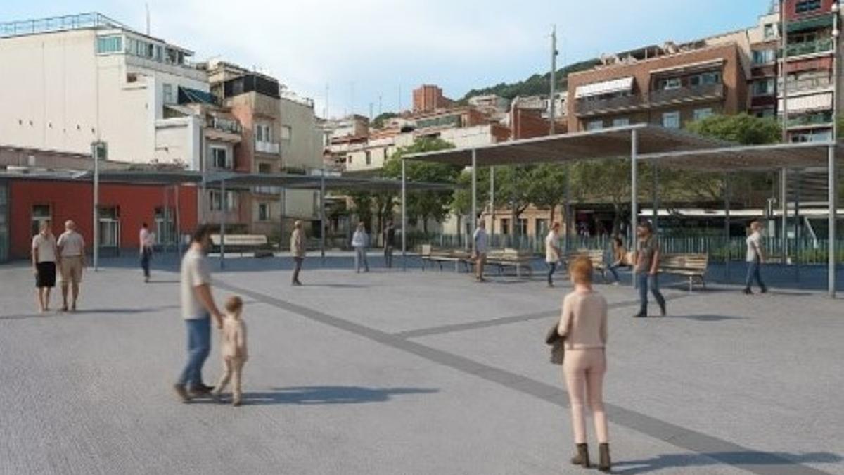 Recreación virtual de la reforma de la plaza de Roquetes, en Barcelona.