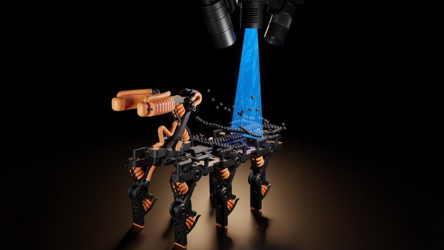 Robot construido capa por capa utilizando la visión artificial. Las esferas negras representan el material que utiliza la impresora. Luego, el material se cura con luz ultravioleta, representada en azul. En la parte superior de la imagen están las cámaras que escanean el procedimiento y lo ajustan en consecuencia.