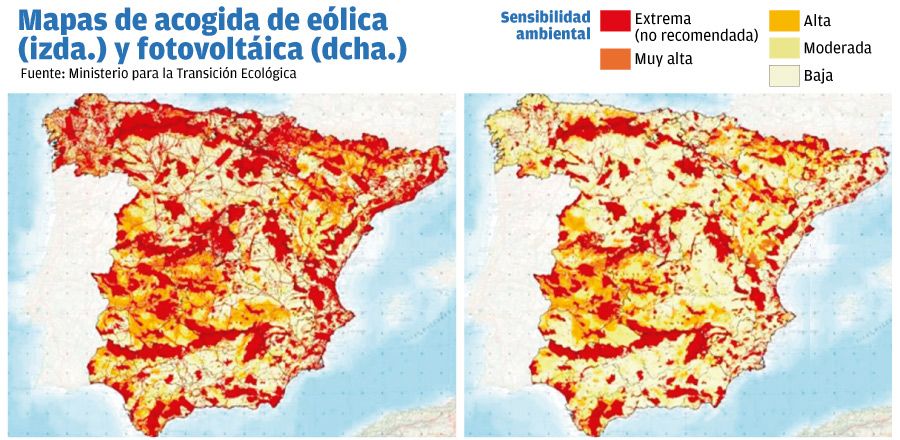 Zonificación de la superficie para eólica y solar en España.