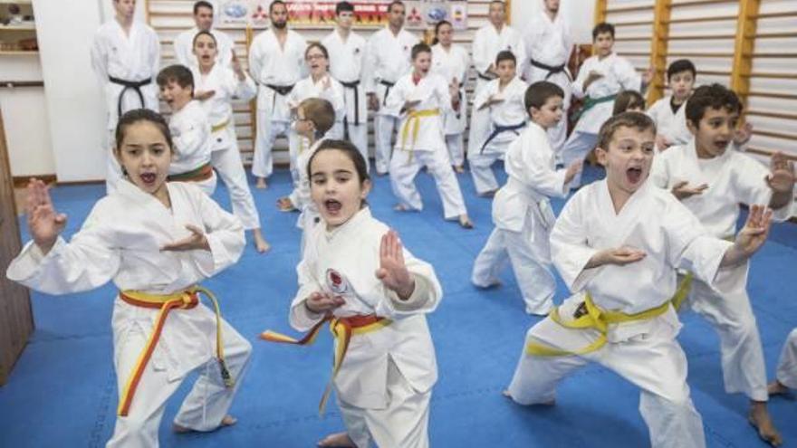 Alumnos de la escuela de kárate «Taiji Kase» de Alicante durante una de sus clases. Sólo en este centro practican artes marciales 75 niños.