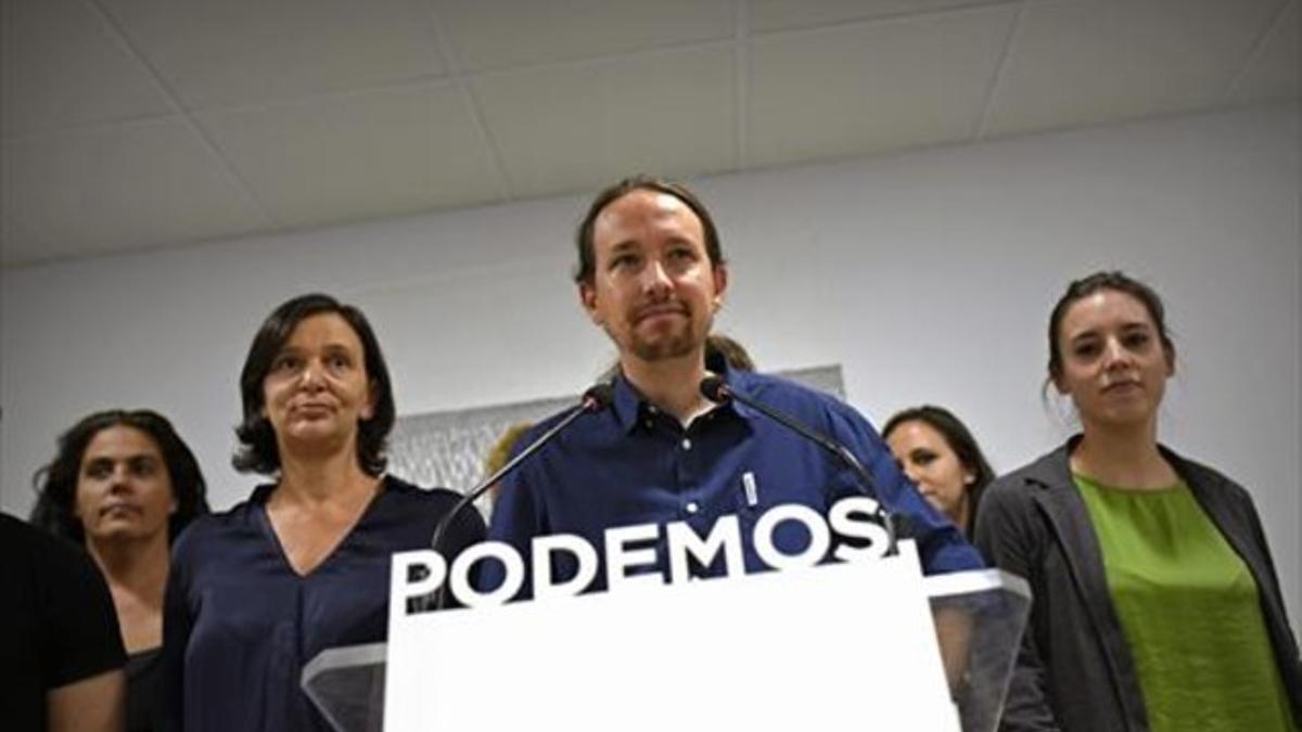 Pablo Iglesias, ayer, durante la valoración de los comicios catalanes.