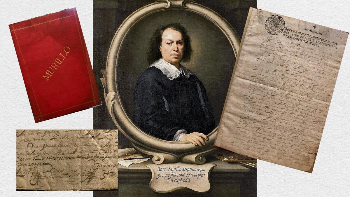 El autorretrato de Murillo junto al volumen encuadernado en que se encuentran los documentos relativos a la herencia de la mujer del pintor sevillano (izquierda); uno de esos legajos se puede ver a la derecha, y abajo, a la izquierda, la firma de Bartolomé Esteban Murillo al pie de una de esas páginas. | LNE