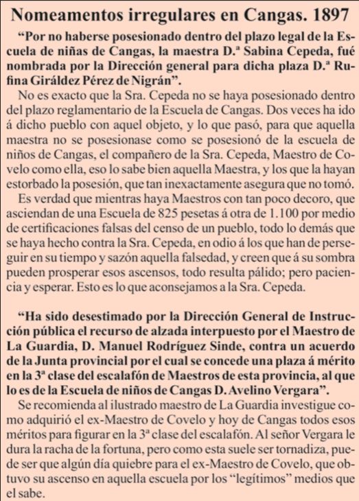 Nova sobre nomeamentos irregulares en Cangas no ano 1897.