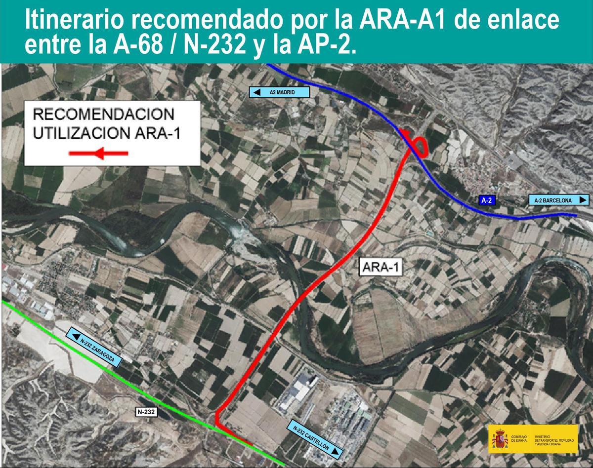 Itinerario recomendado por la ARA-A1 de enlace entre la A-68 / N-232 y la AP-2.