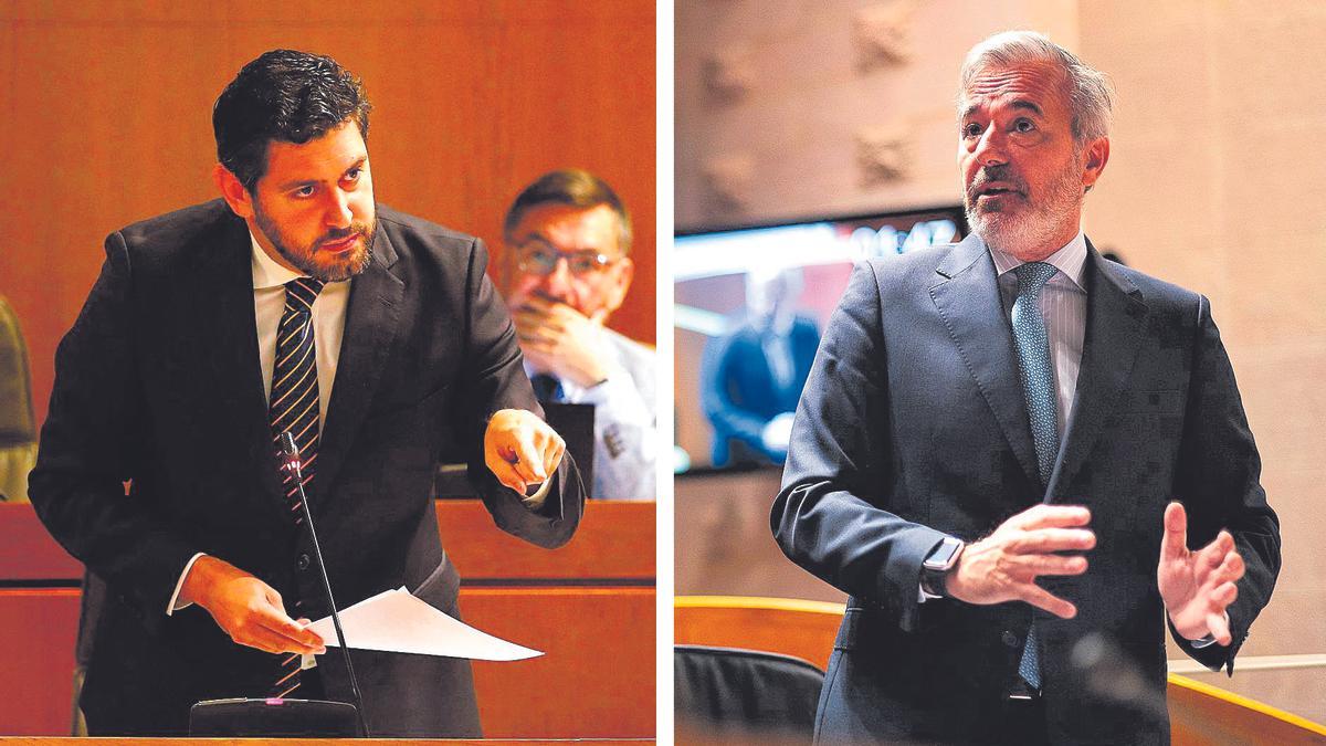 El portavoz de Vox, Alejandro Nolasco, y el presidente de Aragón, Jorge Azcón, durante un pleno en las Cortes de Aragón.