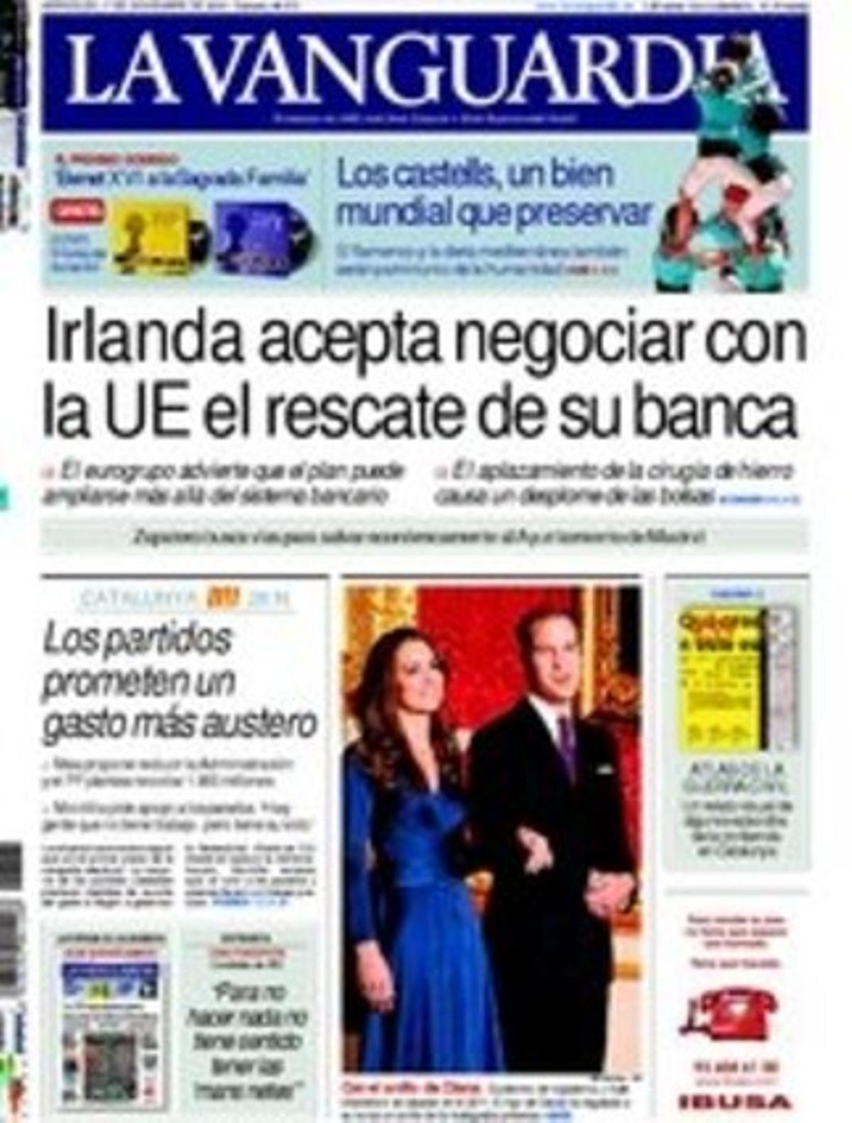 A les pàgines interiors ’La Vanguardia’ ressalta a més que augmenta la pressió perquè la flota europea no segueixi pescant en aigües del Sàhara gràcies a un pacte il·legal de la UE amb el Marroc; que s’autoritza a Espanya el primer trasplantament de dues cames; que Espanya paga un 35% més per les lletres del Tresor, i que el Govern espanyol estudia el rescat de l’endeutat Ajuntament de Madrid.