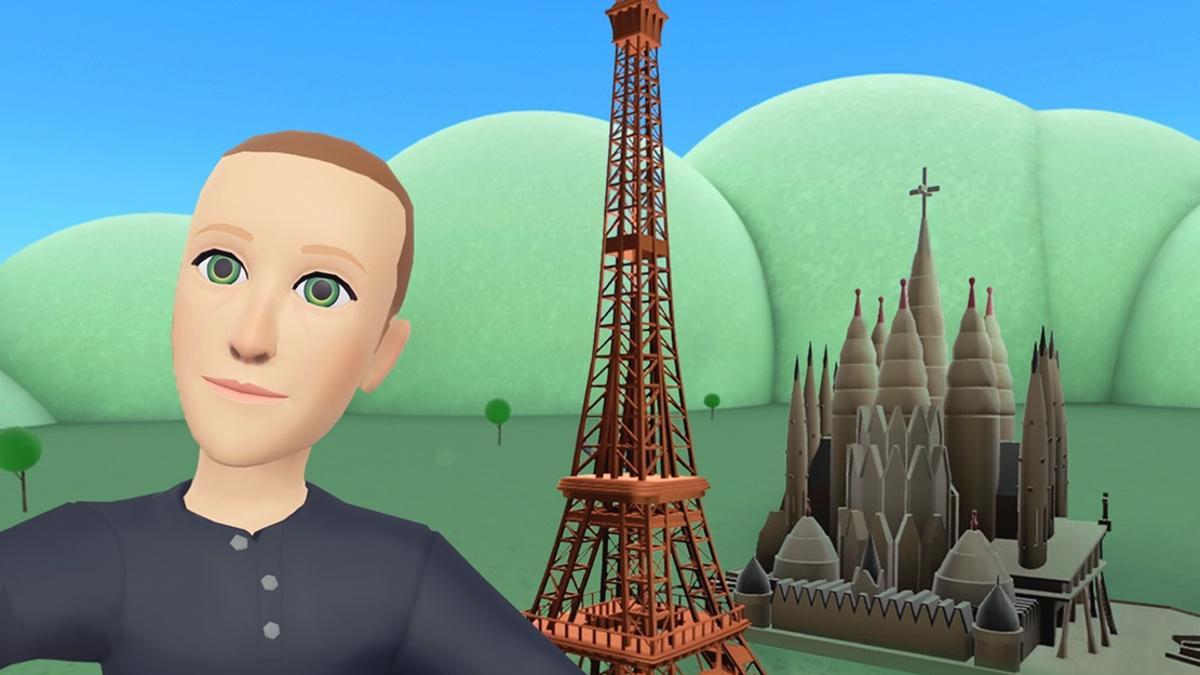 El avatar de Mark Zuckerberg, CEO de Meta, se hace un 'selfie' con la réplica digital de la Torre Eiffel y la Sagrada Familia