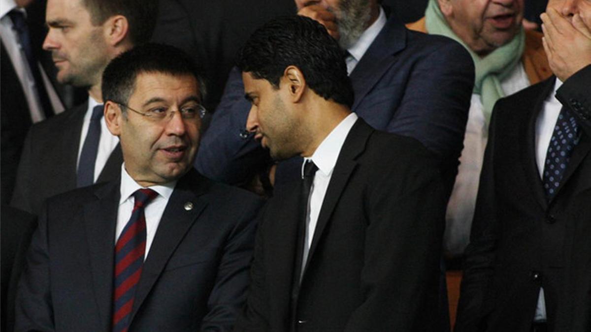 Josep Maria Bartomeu y Nasser Al-Khelaifi, en el palco del Parque de los Príncipes