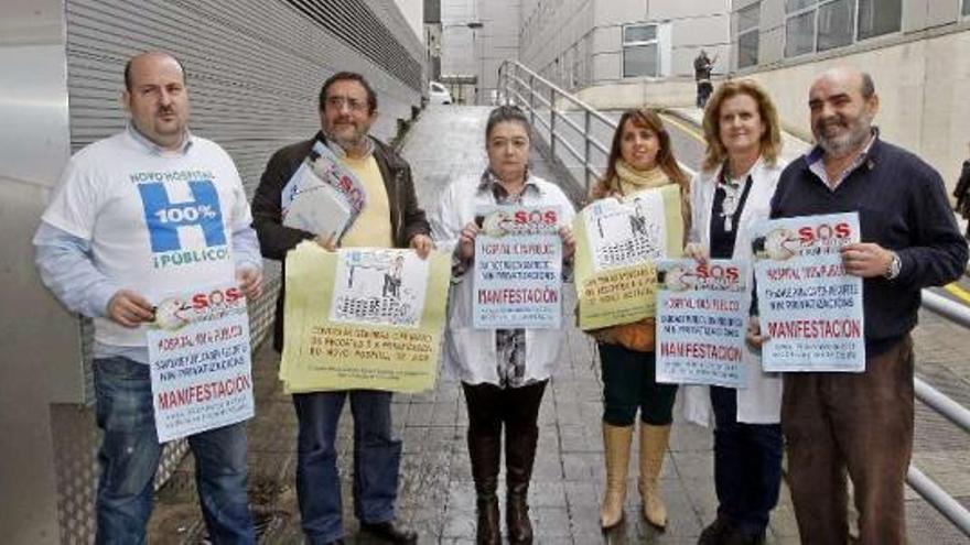 Desde la izq.: Xosé Lois Martínez (CSIF), Ángel Cameselle (CCOO), María Xosé Rodríguez Vilaseco (CIG), Rosario Riveiro (UGT), Malules Carbajo (SATSE) y Antonio Iglesias (CIG).  // Marta G. Brea