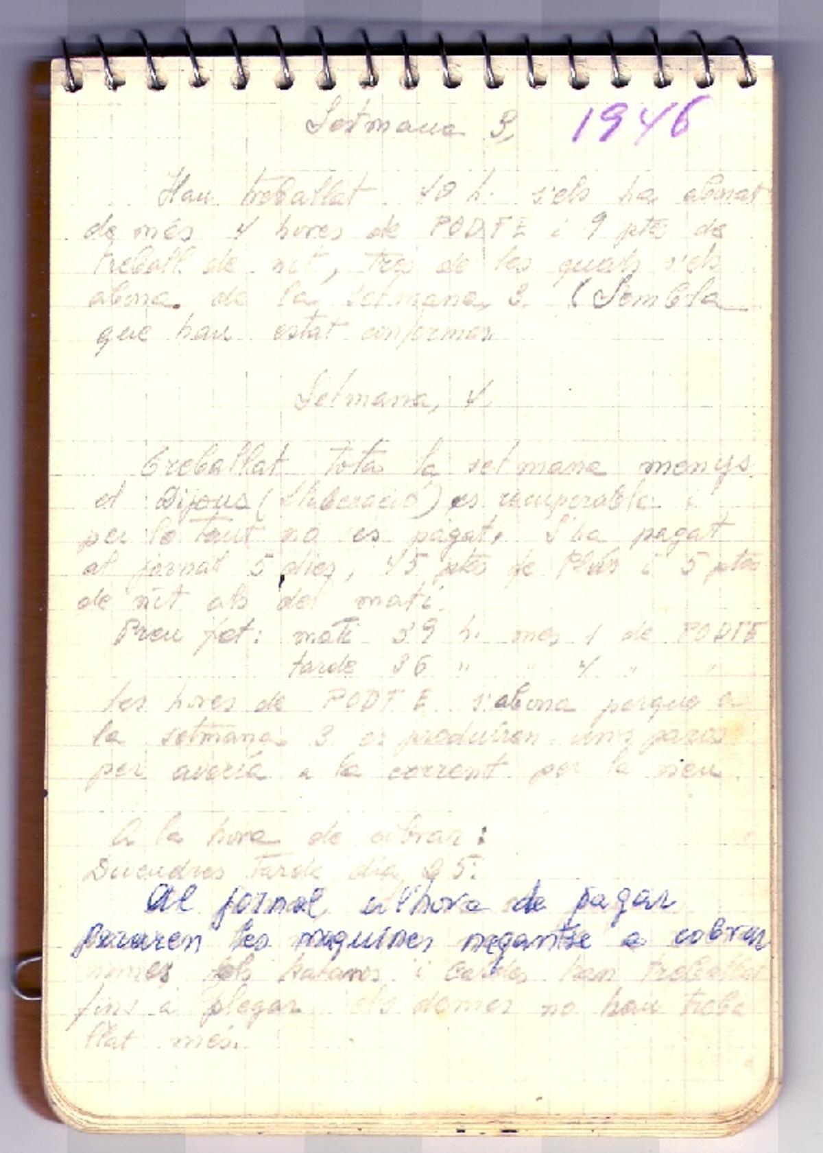 Pàgina del diari de la vaga del gener del 1946 que va escriure Laura Sanmiquel, que hi feia d’administrativa