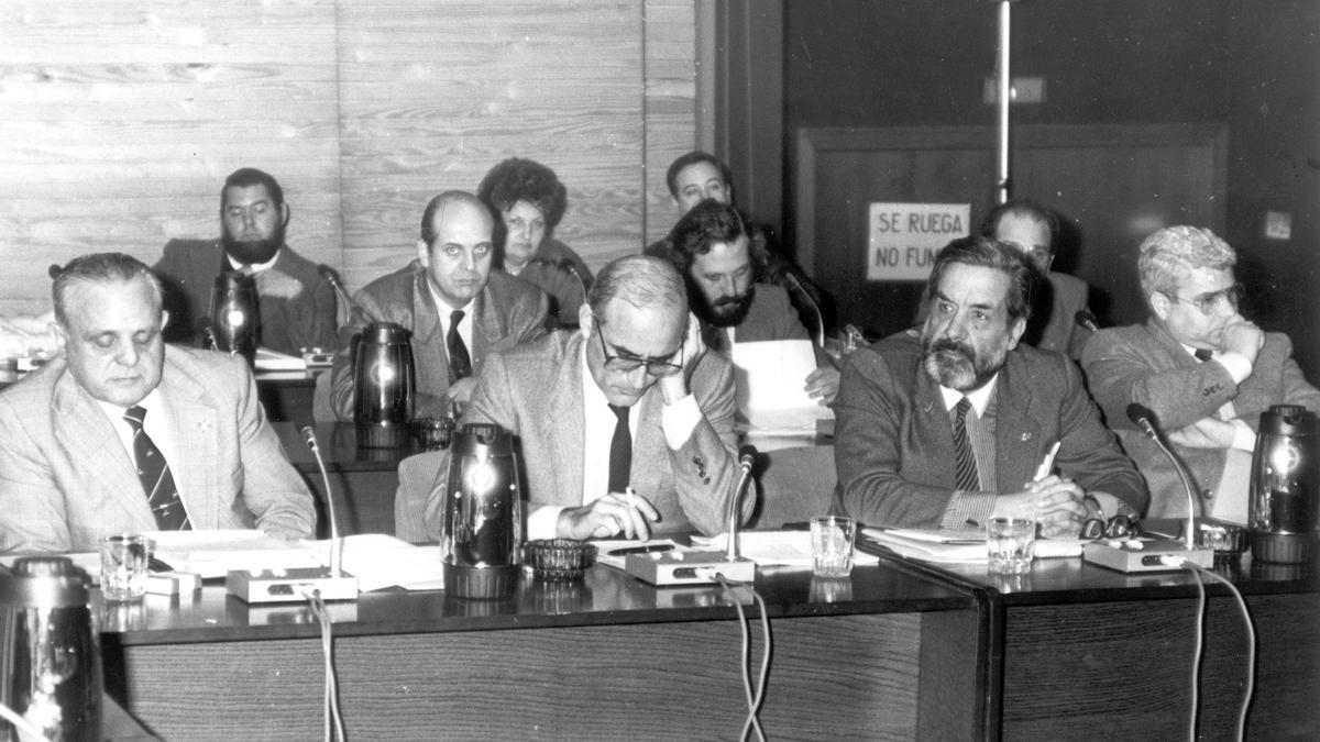 Pleno del Concello de Vigo en 1984. Eugenio Pernas, Juan Francisco Martínez Herrera, Adriano Marqués de Magallaes y Gonzalo Villar; En segunda fila, Juan Manuel Cividanes, Estanislao Durán y José Lago Castro; En tercera fila, Miguel Heinrich, Elvira  Espada y Pablo Padín.