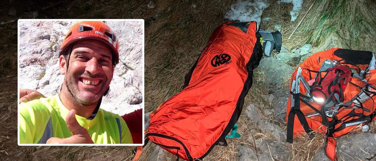 El montañero accidentado en los Picos, descansando en un saco después de ser rescatado por los agentes. En el cuadrado, Alberto Alonso, uno de los agentes que participaron en el rescate.