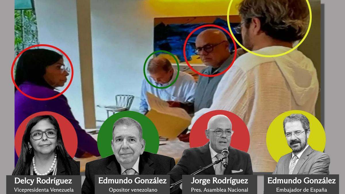 Delcy Rodriguez, Edmnudo González, Jorge Rodríguez y Ramon Santos en la Embajada de España en Caracas, a principios de septiembre