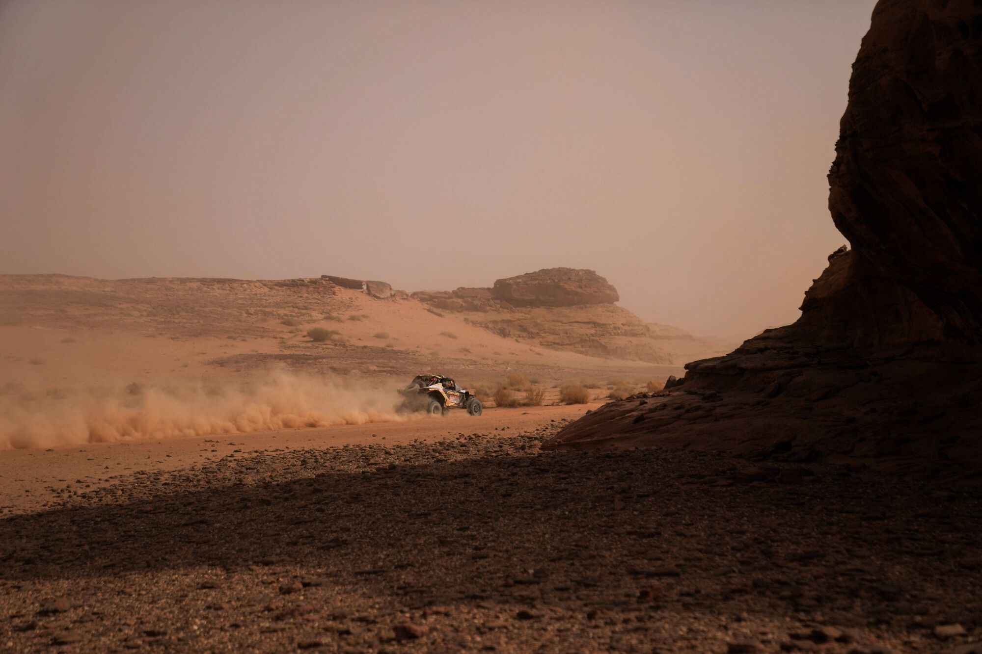 Driver Kyle Chaneyl and co-driver Jacob Argubright compete during the third stage of the Dakar Rally with a start and finish in Alula, Saudi Arabia, Tuesday, Jan. 6, 2026. (AP Photo/Thibault Camus)