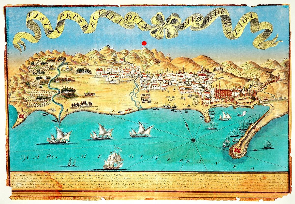 Vista de Málaga de 1782, con la Torre de la Reyna o de los Verdiales,  señalada con un punto rojo.