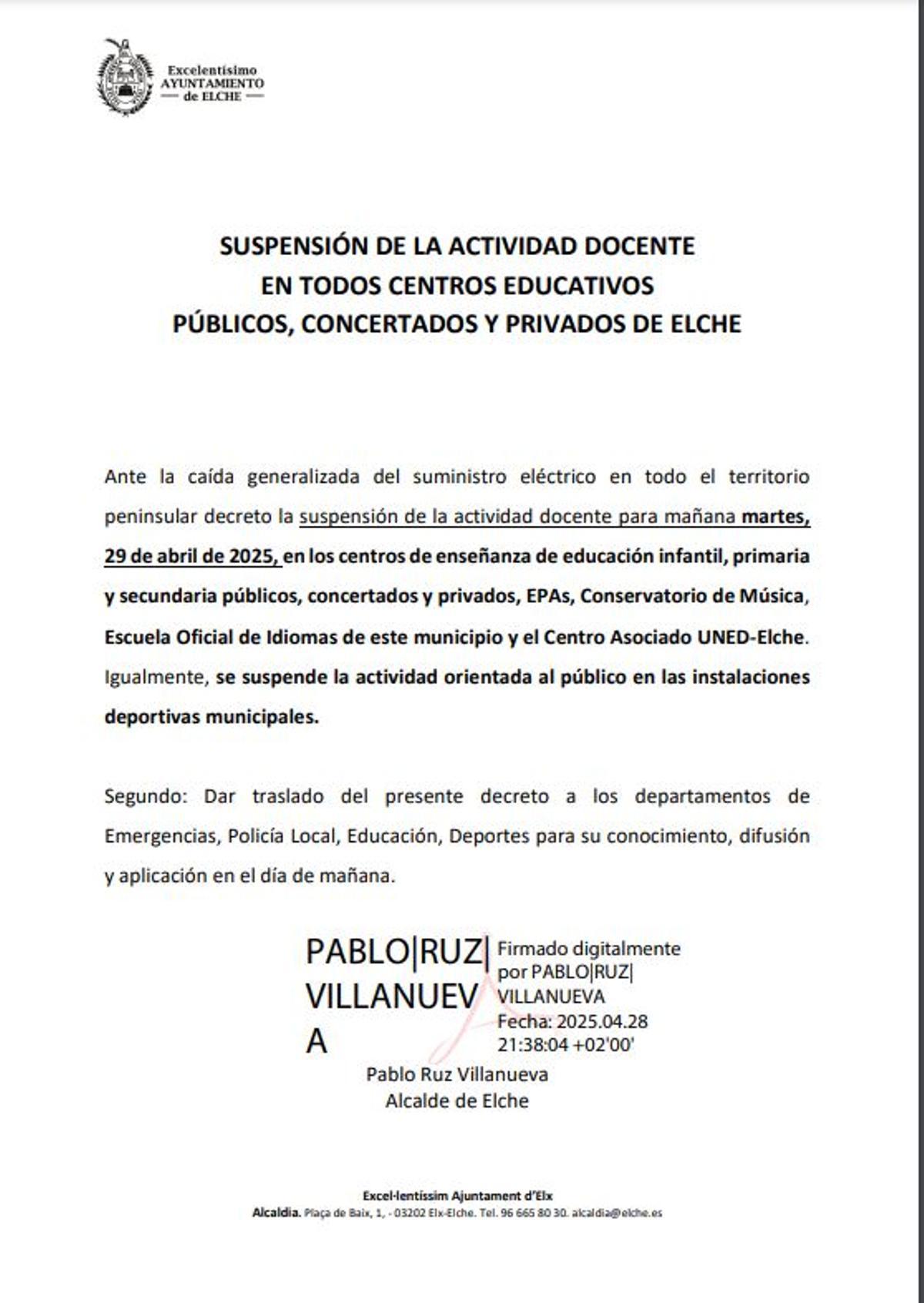 Decreto firmado por el alcalde suspendiendo toda actividad docente en Elche