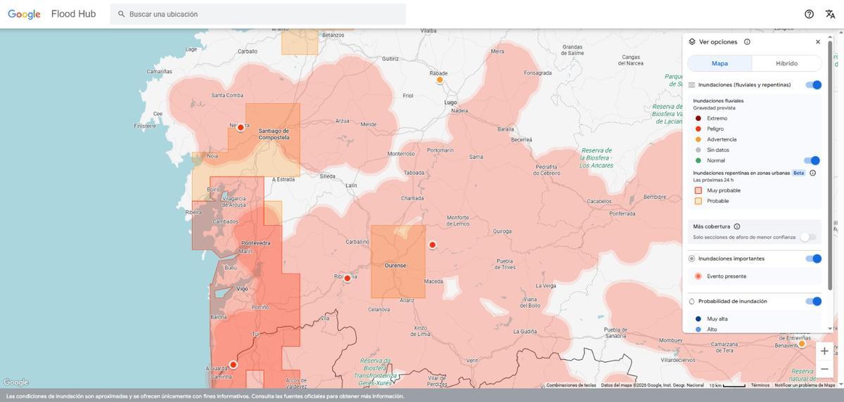 Previsión de inundaciones de Google Floods para el sur y costa de Galicia