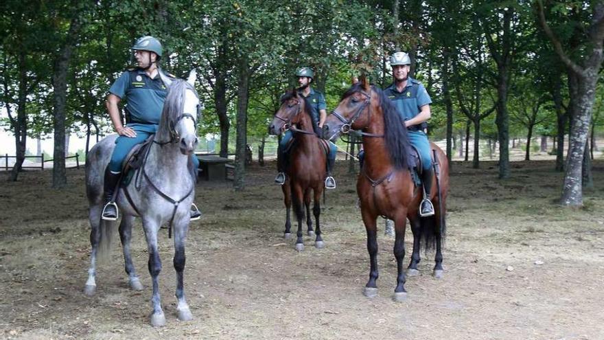 Tres de los agentes a caballo, reunidos ayer en Chan da Lagoa para peinar la zona. // José Lores