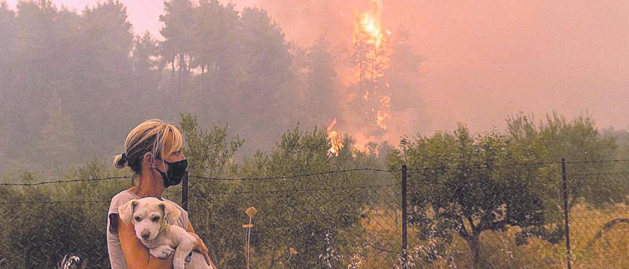 Una mujer y su perro, con el fuego avanzando al fondo, en Eubea.