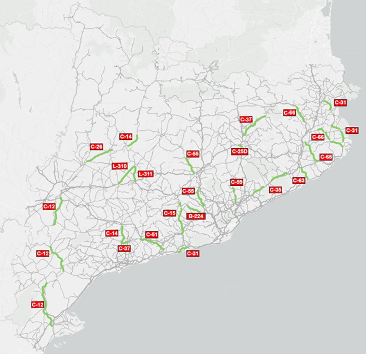 Mapa de los proyectos de carreteras 2+1 que la Generalitat quiere llevar a cabo antes del 2030.