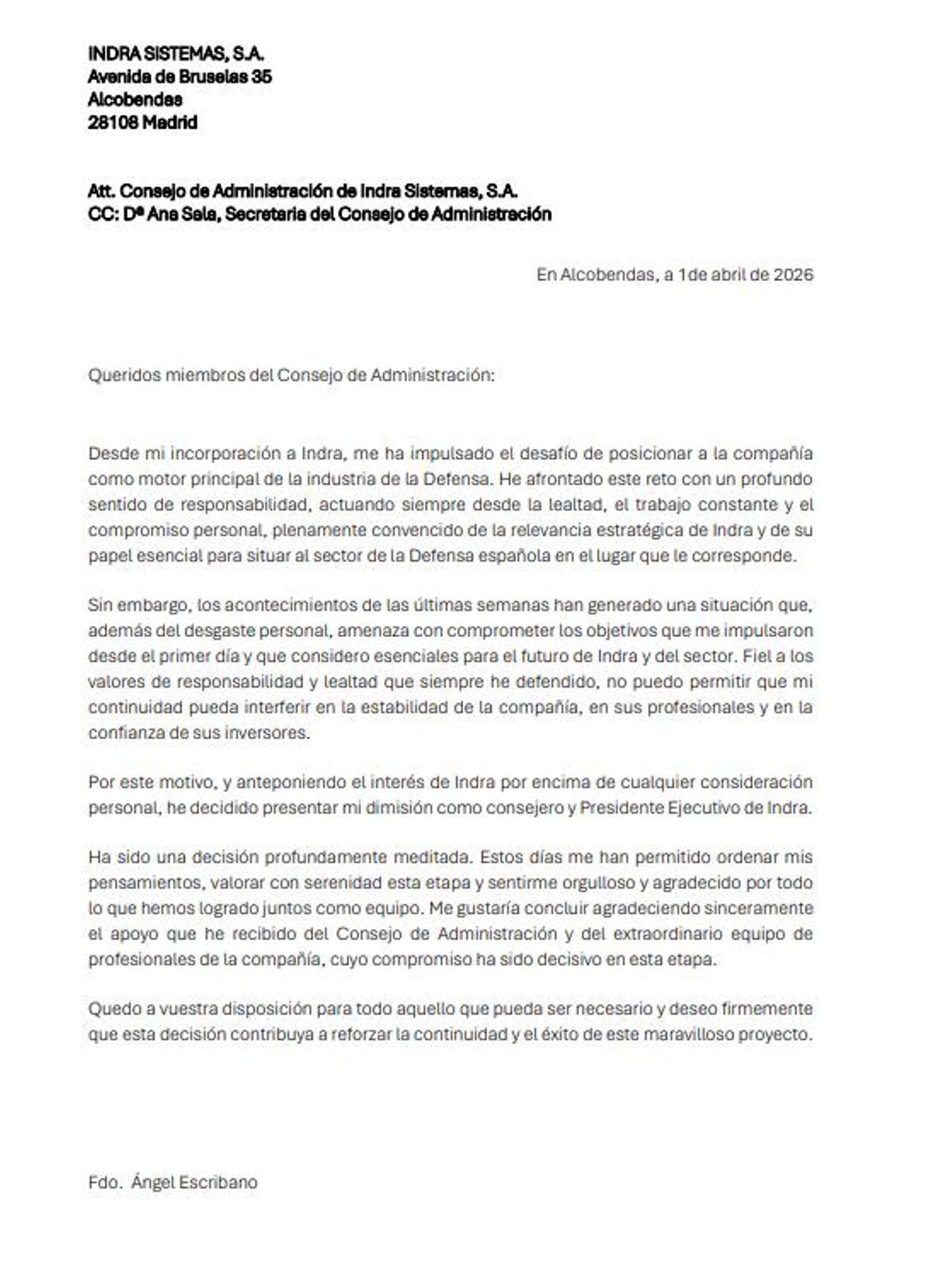 Carta de despedida del ahora expresidente de Indra, Ángel Escribano