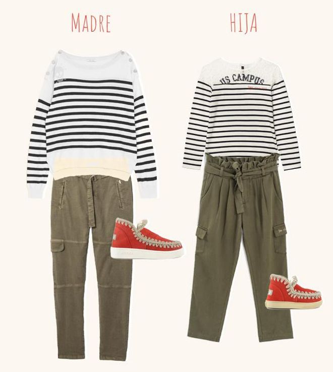 Look de jersey marinero y pantalón kaki para madres e hijas, de Ikks y zapatillas de Mou