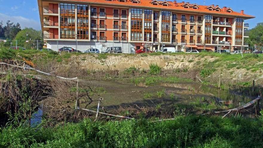 La gran fosa ubicada en una zona verde entre la urbanización As Garzas y el río Miñor.  // Marta G. Brea