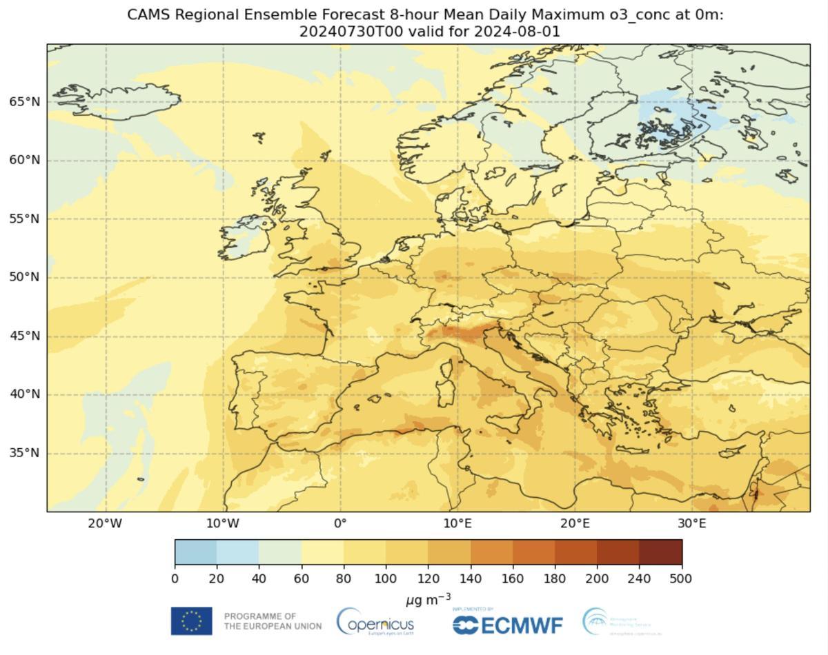 Previsión de concentración de ozono sobrte Europa