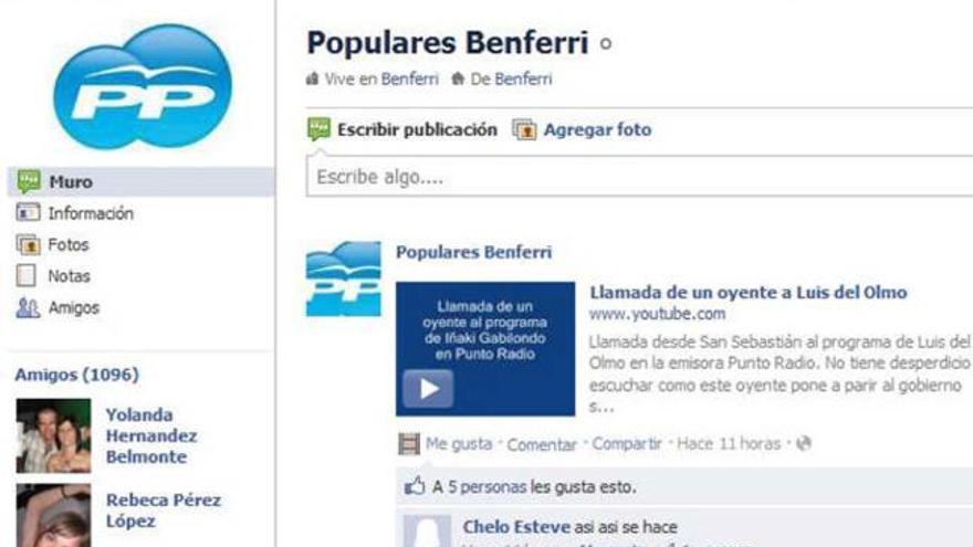 Vista de la página de &quot;Facebook&quot; del PP de Benferri.