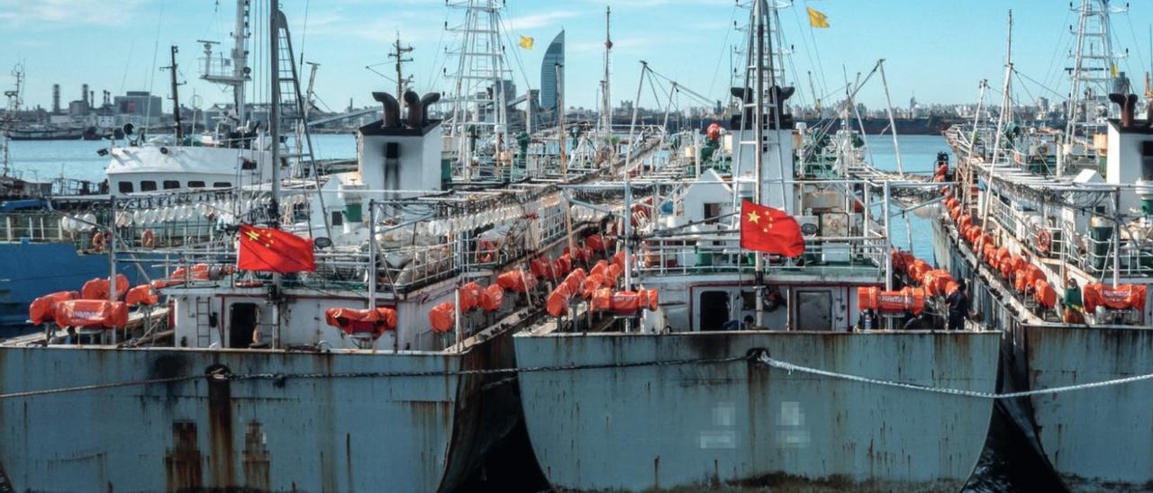 Buques poteros chinos, amarrados en el puerto de Montevideo