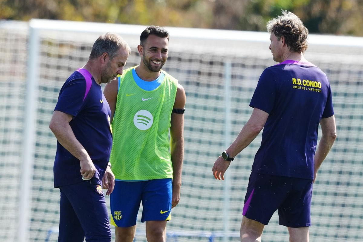 FC Barcelona's German head coach Hansi Flick (L) and defender Eric Garcia (c) during the training of the team held at the Joan Gamper Sports Complex in Barcelona, Spain on 21 April 2026 to prepare their next LaLiga against Celta Vigo upcoming 22 April. EFE/ Alejandro Garcia