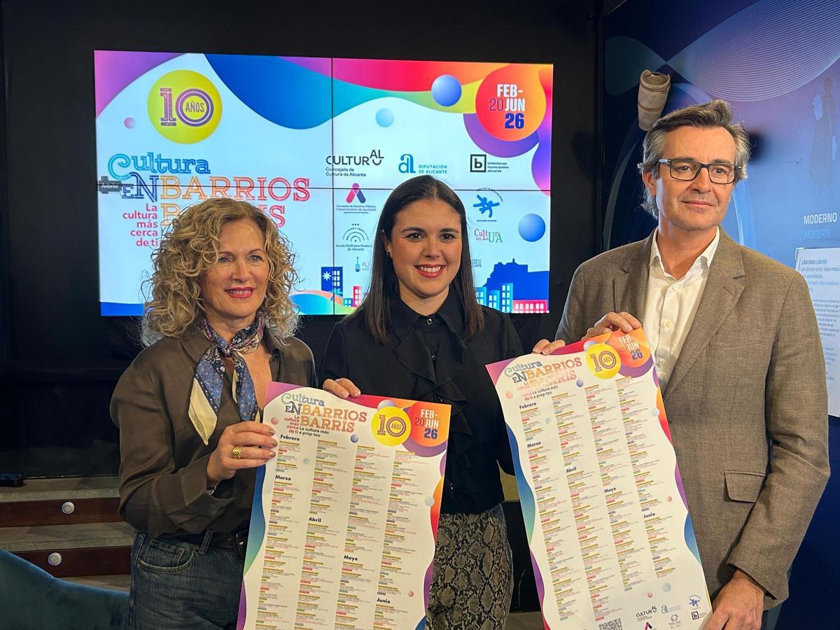 Pilar Fabregat, Nayma Beldjilali y Sergio Sánchez, en la presentación de Cultura en Barrios en el Museo de Aguas de Alicante