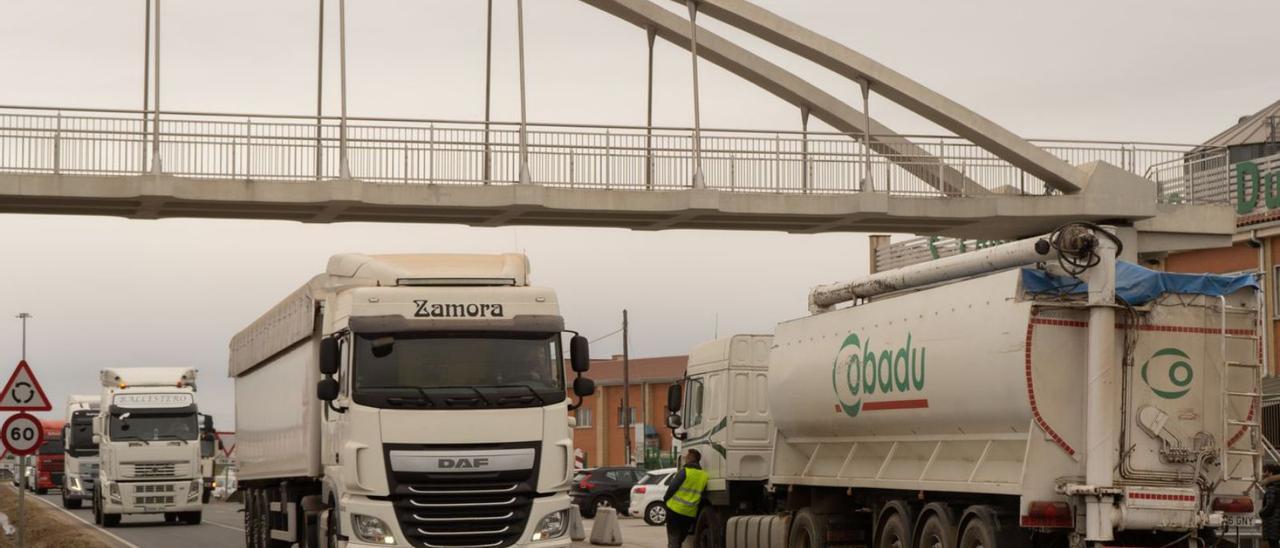 Un camionero de Cobadu espera a que pase la fila reinvindicativa frente a la fábrica.