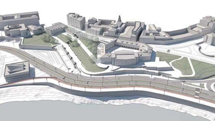 Tramo del paseo marítimo de A Coruña en la zona de A Maestranza, antes y después del proyecto de reforma que realizará el Concello.