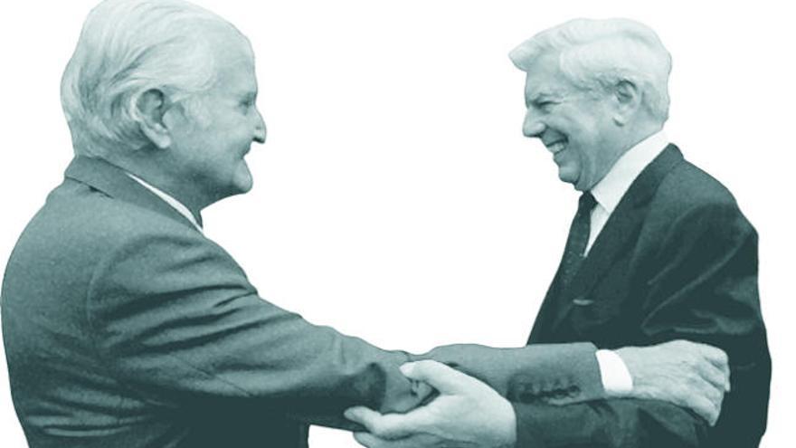 Carlos Fuentes, a la izquierda, saluda a Mario Vargas Llosa.  i LP