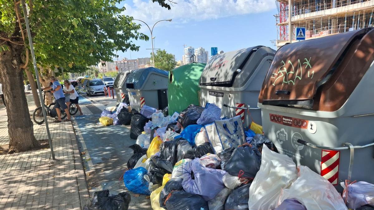 Contenedores desbordados y basura sobre el carril bici y la acera