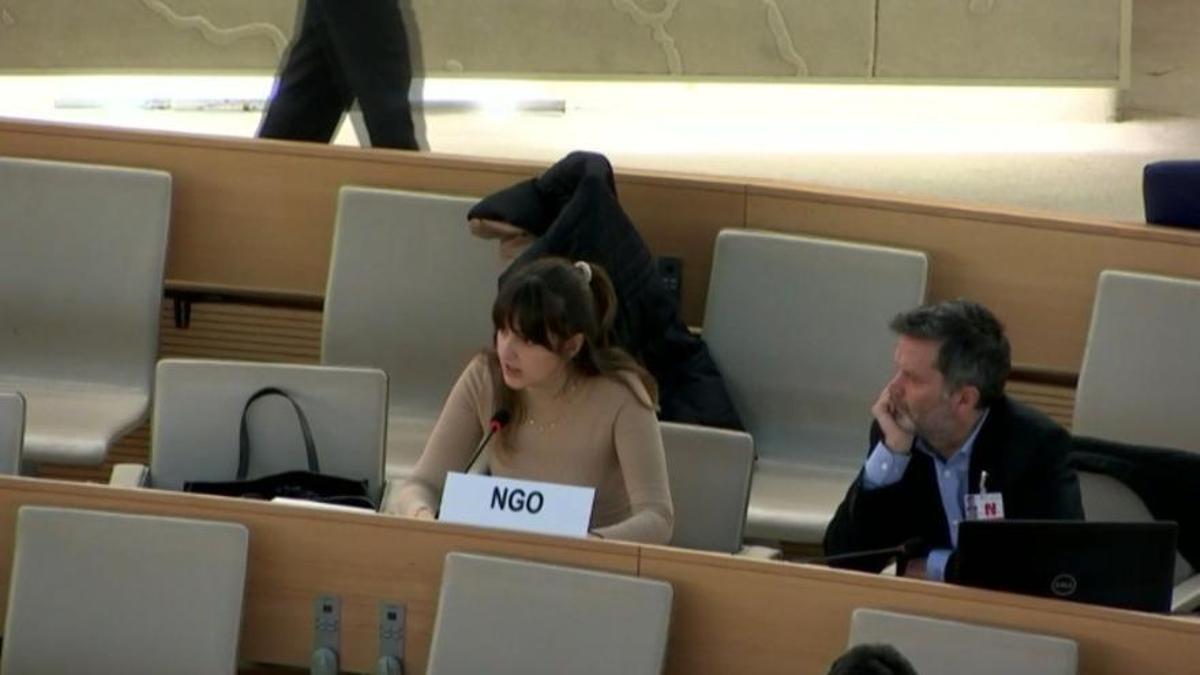 Maria de Lluc Muñoz, durante su intervención en la ONU.