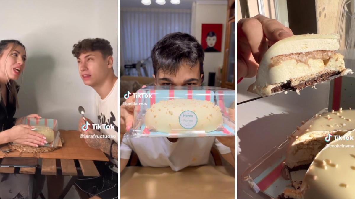 Capturas de varios vídeos de TikTok que tienen como protagonista a la tarta de Kinder Bueno de Mercadona